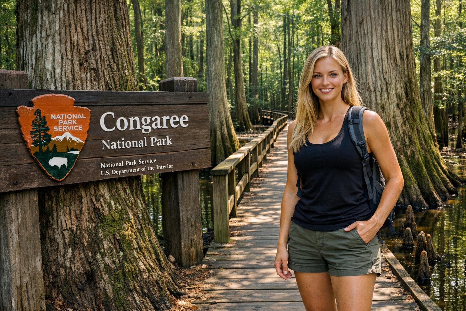 Blonde woman standing at Congaree National Park South Carolina surrounded by massive ancient cypress trees and boardwalk through the swamp forest