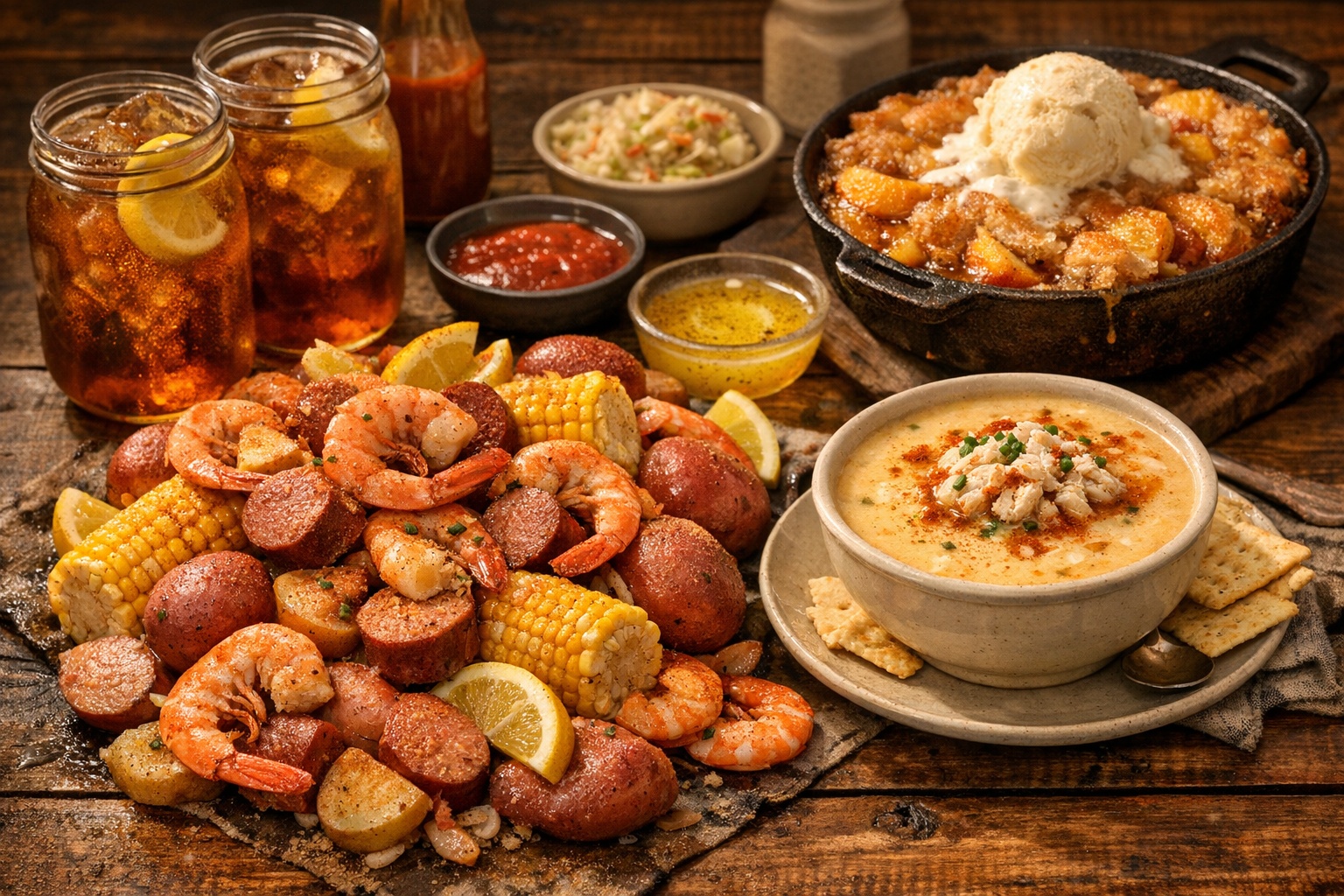 South Carolina Lowcountry cuisine spread including boil with shrimp corn sausage, she-crab soup, peach cobbler, and sweet tea on rustic wooden table