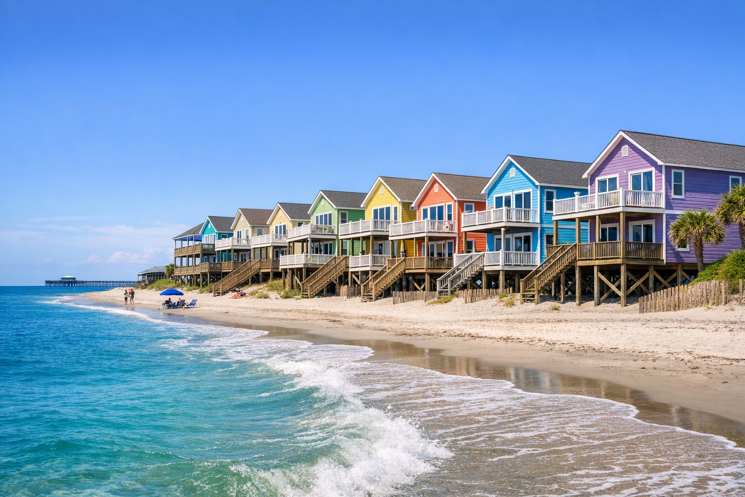 Colorful beach houses on stilts along Folly Beach South Carolina shoreline with crystal blue ocean water
