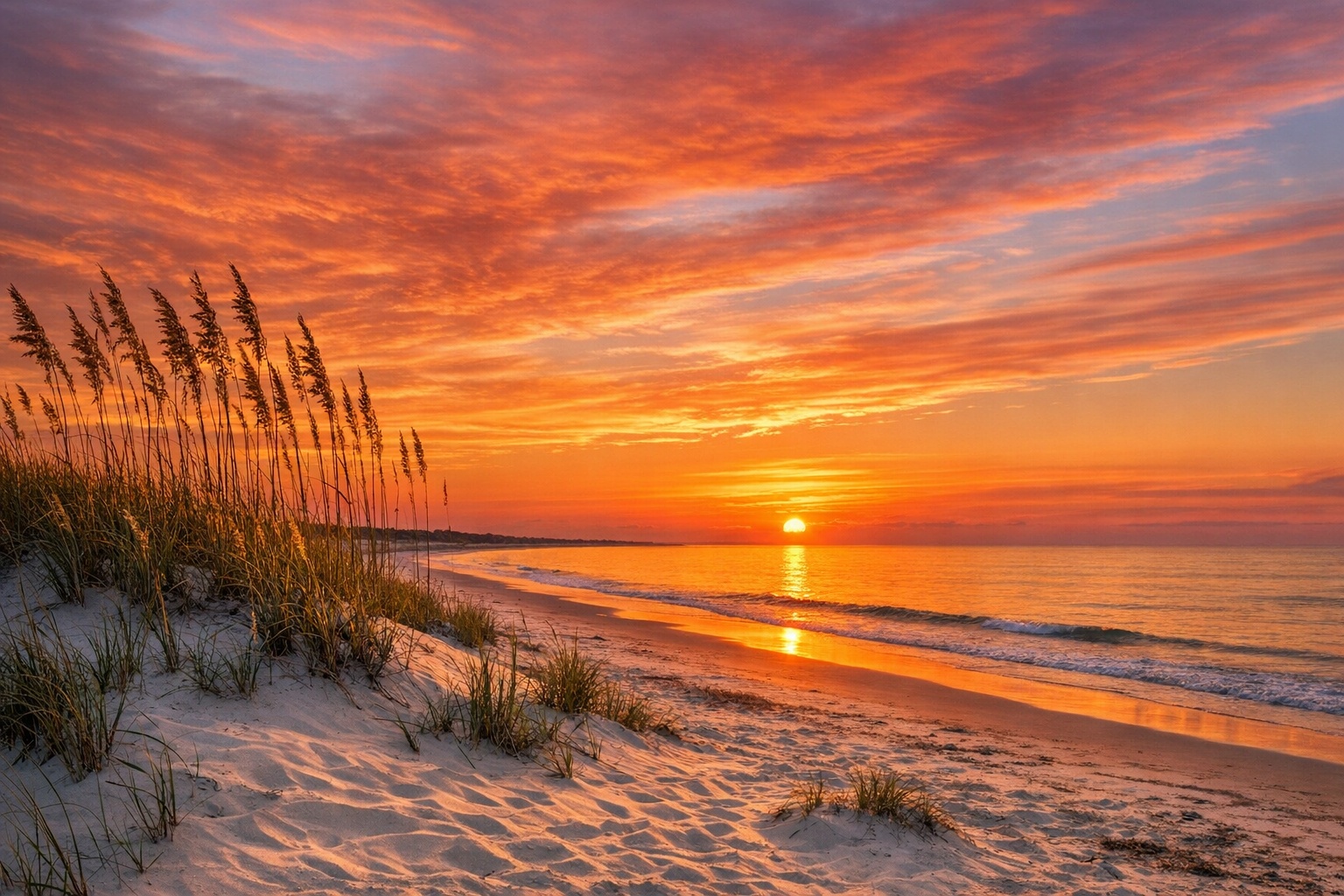 Kiawah Island South Carolina beach at sunset with dramatic orange and pink sky reflecting on calm ocean and sea oats on dunes