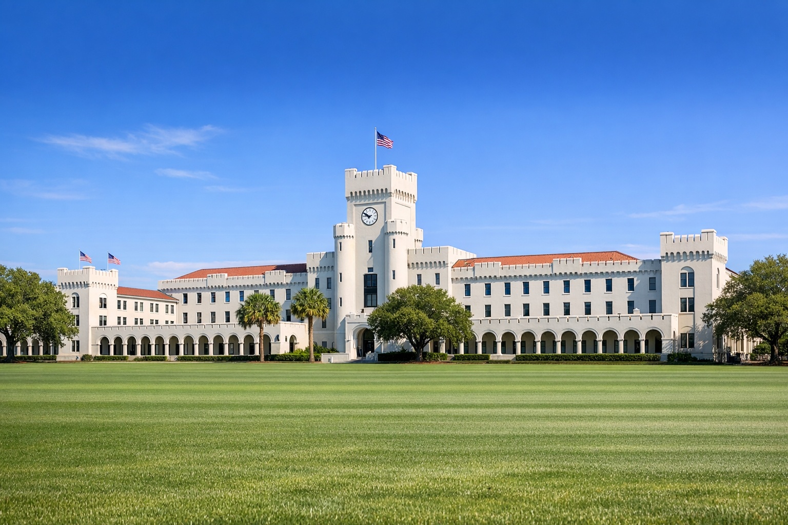 The Citadel military college Charleston South Carolina with white colonial buildings and green parade grounds under blue sky