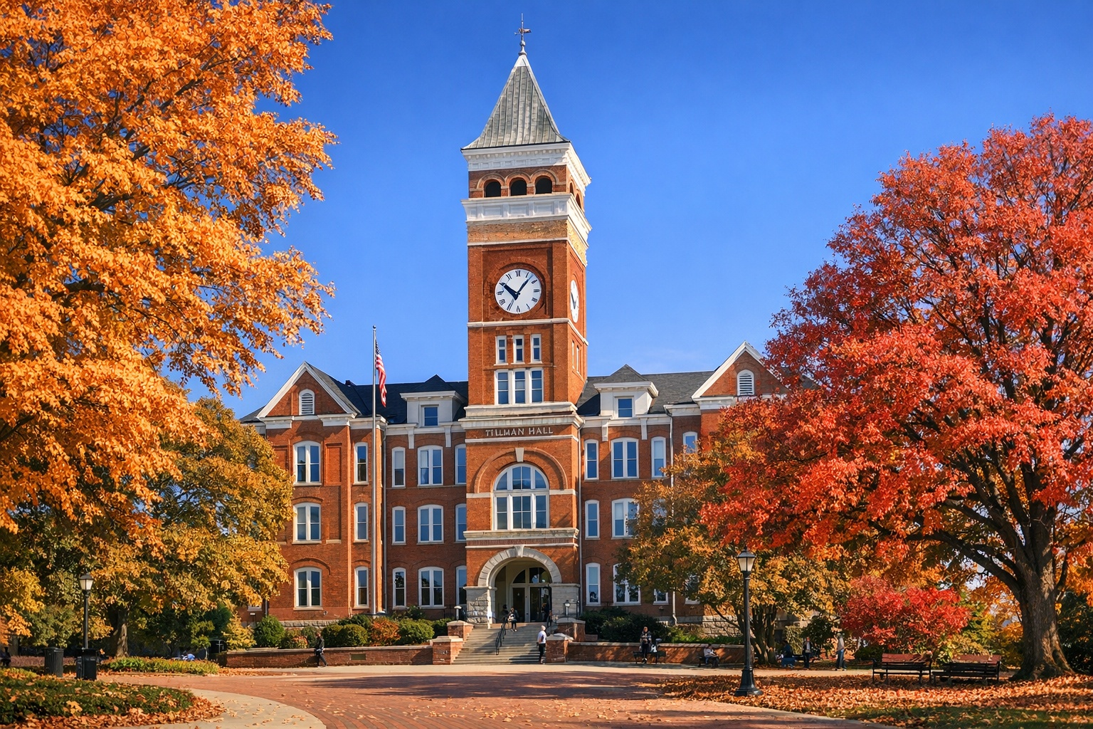 Clemson University campus with iconic Tillman Hall clock tower surrounded by beautiful autumn trees with orange and red foliage