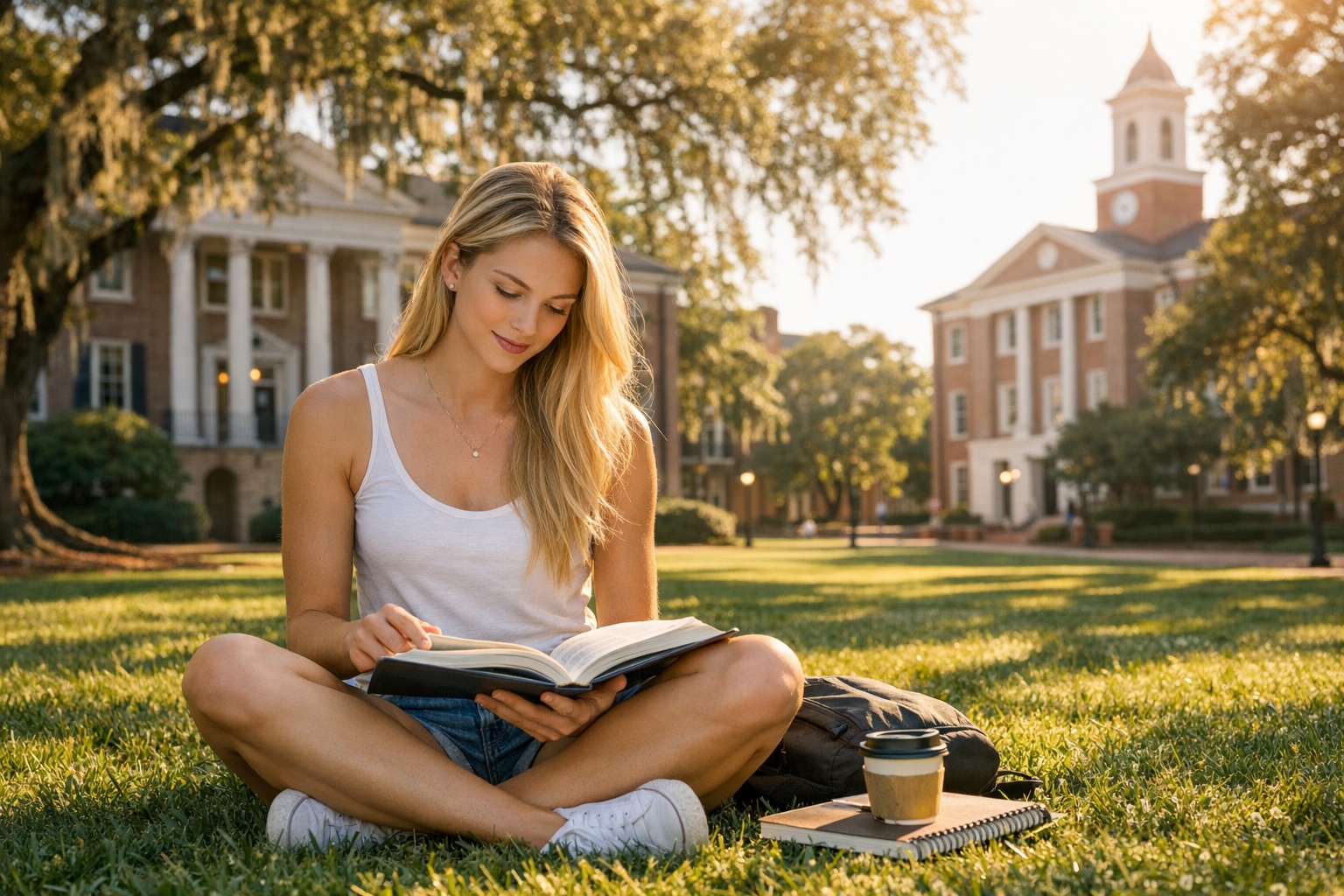 Young blonde woman studying on the grass lawn of a beautiful South Carolina university campus surrounded by classic brick buildings
